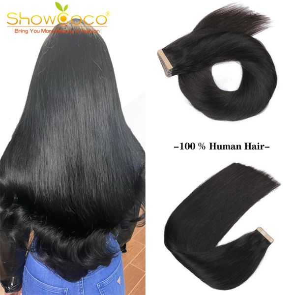 Наращивание волос ShowCoco Tape in Human Hair Extensions Настоящие бразильские волосы 20 шт./40 шт. Remy Прямые шелковые двойные натуральные волосы для женщин