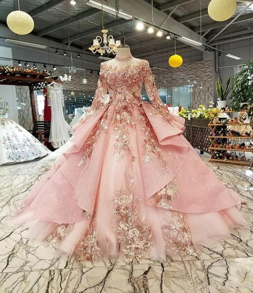 Pembe Özel Dubai Kabarık Parti Elbiseleri Quinceanera Elbiseler Yüksek Boyun Uzun Tül Kılı