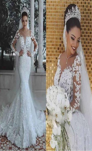 Sereia vestidos de casamento para meninas mulheres bainha mangas compridas noiva vestidos de noiva rendas apliques praia colher pescoço personalizar feito plus3148797