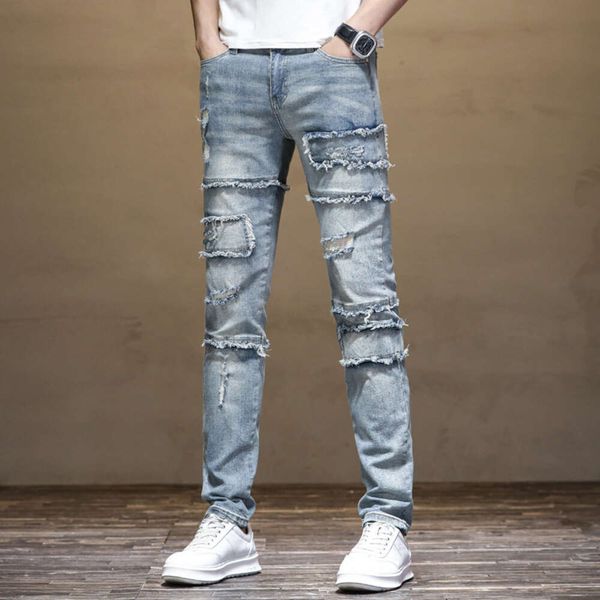 2023 Estate Nuovi Uomini di Luce Blu Retro Slim Fit Moto Impiombato Bordo Ragged Jeans Piedi Piccoli Pantaloni A Vita Media