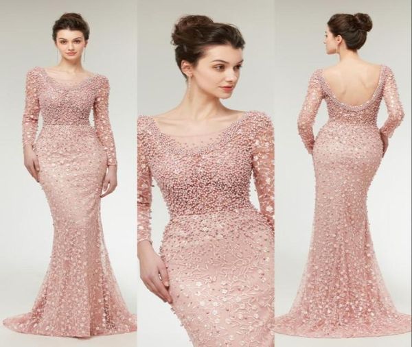 2019 Nova Imagem Real Rosa Vestidos de Noite Desgaste Sheer Neck Mangas Compridas Pérolas Frisadas Backless Longo Elegante Vestido de Festa Formal Prom 4438529