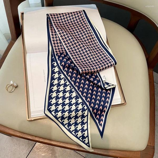 Lenços retro houndstooth impressão seda lenço magro mulheres hairband macio cetim senhora foulard pescoço gravata bandana alça saco fita presente feminino