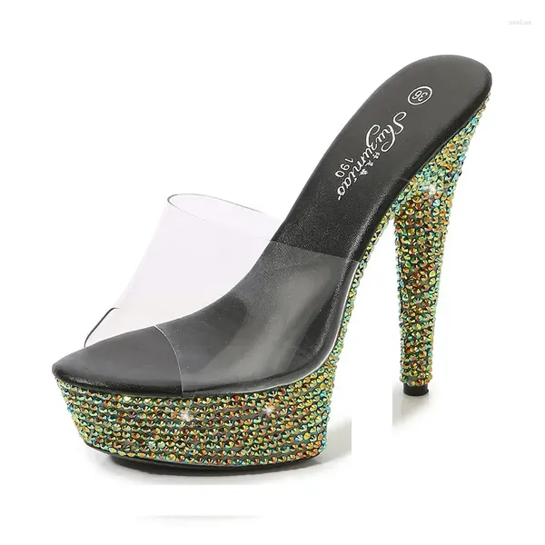 Pantofole Sandali con diamanti trasparenti estivi con strass verdi Discoteca Tacchi alti sottili Festa sexy Walk Show Bling Scarpe da donna