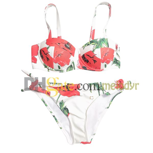 Flor impressão conjunto de biquíni sexy push up acolchoado roupa de banho para mulheres carta de metal rendas até tanga biquinis verão praia maiô