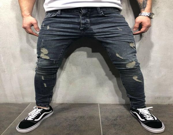Мужские рваные джинсы для мальчиков, эластичные узкие джинсовые брюки, брюки с эффектом потрепанных усов, модная уличная одежда2240878
