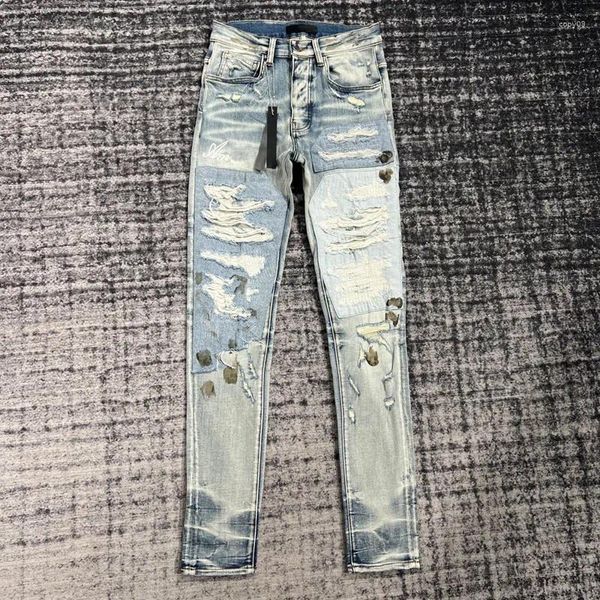 Jeans da uomo Moda Euramerican Jean Pantaloni in denim dal design irregolare con inchiostro splash High Street Punk Pantaloni a matita strappati slim elasticizzati da uomo