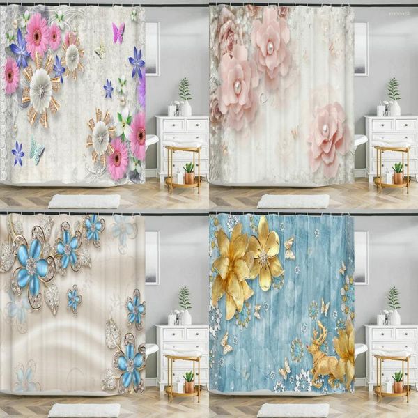 Занавески для душа, водонепроницаемая занавеска для ванной комнаты, скандинавский ретро-стиль, с цветочным принтом бабочки, перегородка для купания с крючком