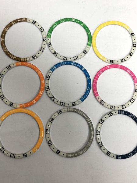 Acessórios de relógio com bordas arredondadas, cola brilhante azul curvada, anel de alumínio plano, cor correspondente, diâmetro externo da boca do anel de 38 mm, diâmetro interno de 31,3 mm