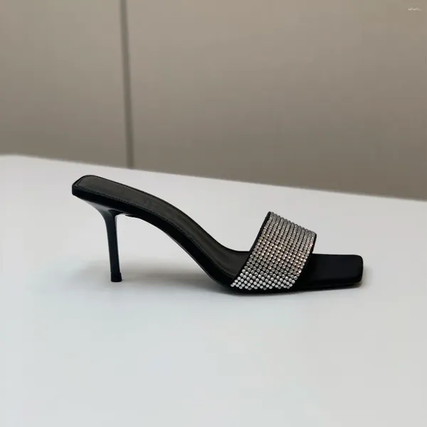 Sapatos de vestido Casual Designer Moda Mulheres Sandálias Preto Genuíno Couro Peep Toe Salto Alto Stiletto Heeled Chinelos Verão Slide