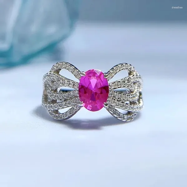 Кольца кластера из стерлингового серебра 925 пробы, овальный лабораторный розовый сапфир, драгоценный камень, ювелирные изделия для женщин, кольцо с бантом, подарок на годовщину