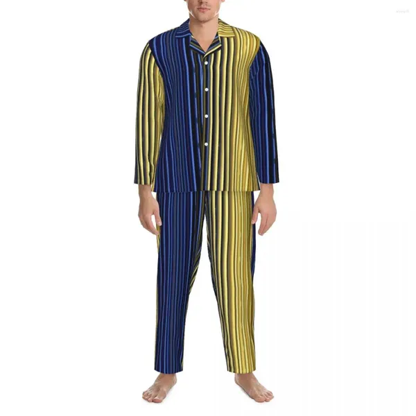 Мужская одежда для сна, желто-синяя полосатая осенняя двухцветная повседневная пижама большого размера, мужской модный домашний костюм с длинными рукавами для отдыха на заказ