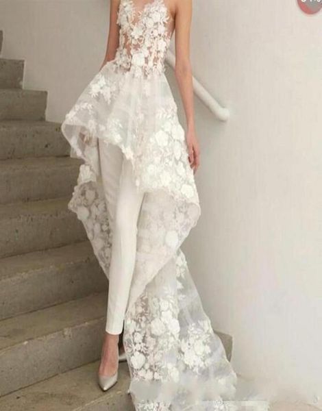 Projetado apliques florais vestidos de casamento 2019 querida pescoço calças femininas terno praia vestidos de noiva varredura trem com flores formal1931693