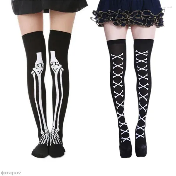 Meias femininas cosplay halloween criatividade japonesa engraçado meias respiráveis osso enfermeira sangue sobre o joelho náilon poliéster