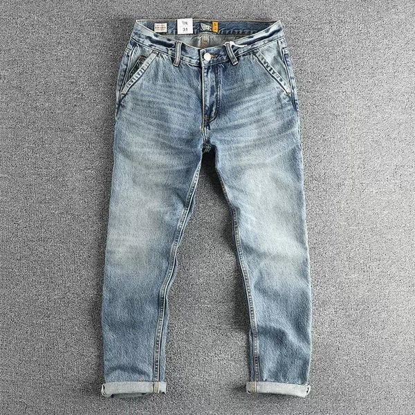 Jeans masculinos 2024 primavera luz azul cabido perna reta calças da moda 106