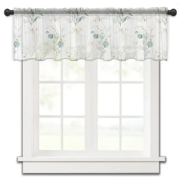 Cortina folha verde eucalipto planta quarto voile janela curta chiffon cortinas para cozinha decoração de casa pequenas cortinas de tule