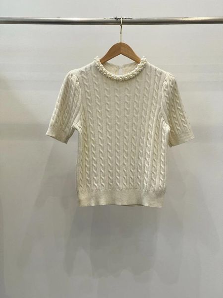 Женские футболки 2024, весенний шерстяной смешанный французский узор, пуловер с круглым вырезом и короткими рукавами, расшитый вручную бисером, свитер для женщин Xx05