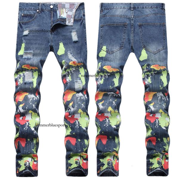 Jeans da uomo a gamba dritta in puro cotone stampato a colori multipli in stile hip-hop invecchiato e lavato