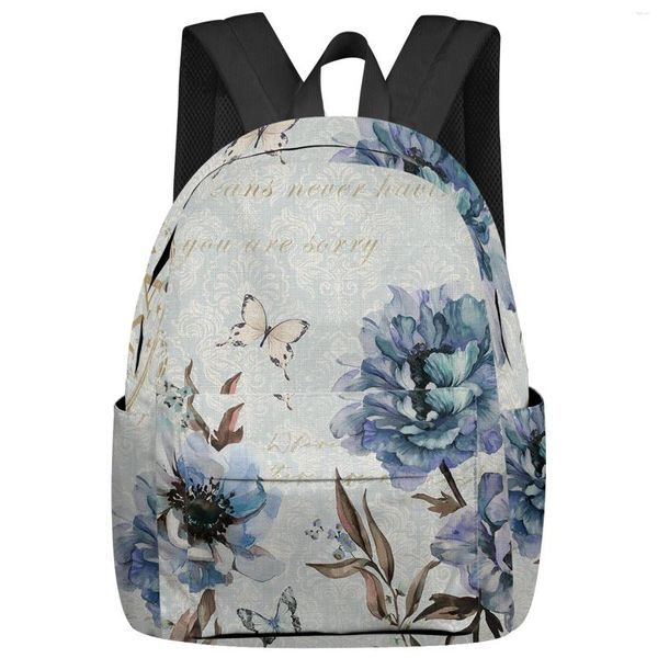 Mochila Retro Flor Borboleta Azul Peônia Estudante Sacos Escolares Laptop Personalizado para Homens Mulheres Feminino Viagem Mochila