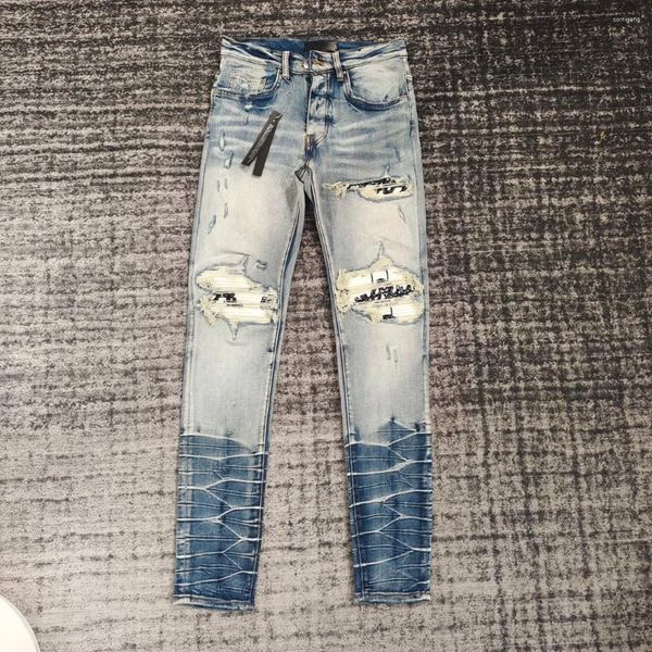 Jeans da uomo Tide Brand lavato vecchie toppe in tessuto stampato distruggi uomini magri slim
