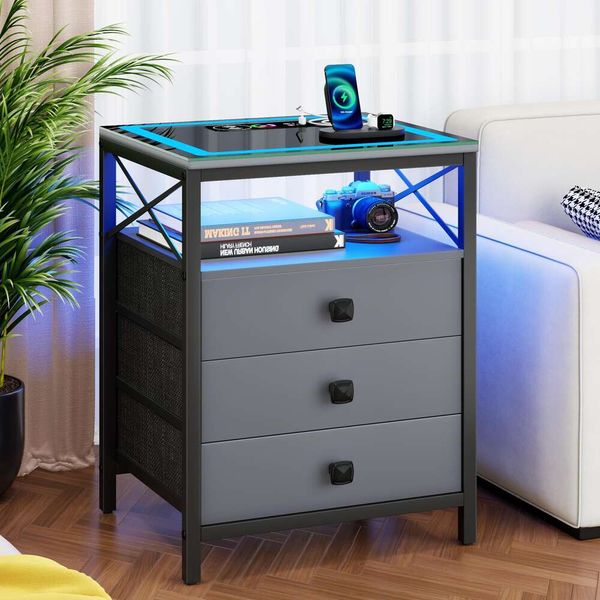 Dystler Kaffee-Ladestation, Glasplatte mit LED-Leuchten, Schlafzimmer-Nachttisch mit 3 Schubladen, moderner Beistelltisch mit Aufbewahrungsregal, geeignet für kleine Räume, Grau