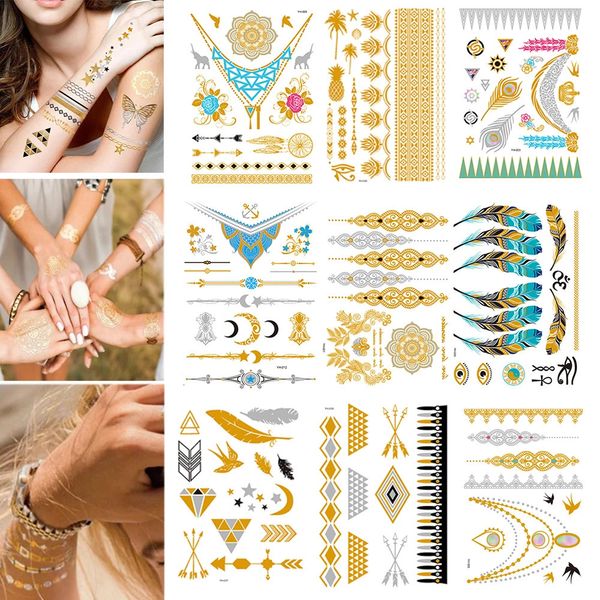 100 Stücke Wasserdicht Temporäre Tätowierung Aufkleber Blume Mandala Henna Gold Silber Metallic Flash Tatoo Boho Lotus Schmuck Glitter Körper 240311