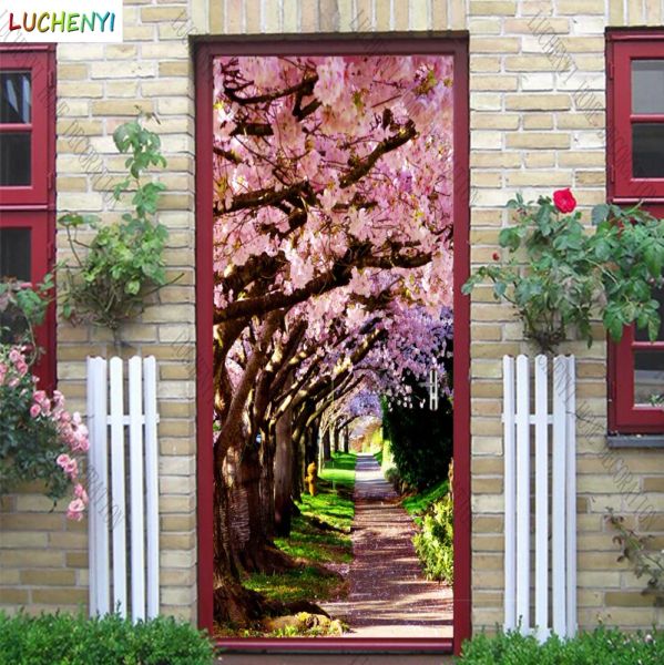 Adesivi Papel de parede bellissimo ciliegio fiori rosa sulla strada paesaggio porta adesivo camera da letto porta carta da parati murale, decorazione della casa