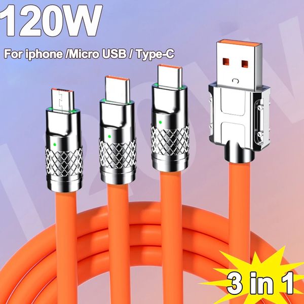 Cabo um para três de passageiros de máquina de borracha macia de liga de zinco adequado para todos os smartphones Carregamento super rápido 120 W com luz Três em um cabo de dados de 1,2 metros