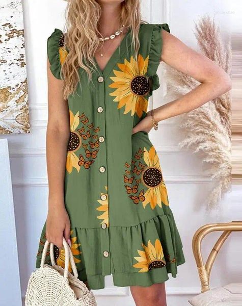 Vestidos casuais 2024 verão moda feminina sem mangas v-pescoço girassol borboleta impressão plissado hem férias diárias mini vestido