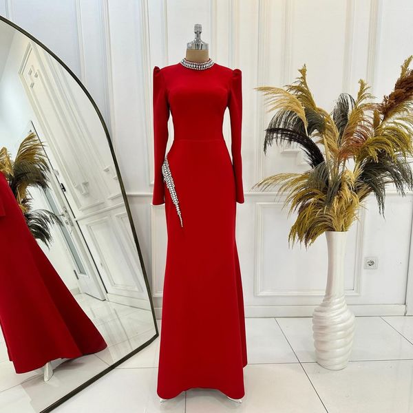 Rotes arabisches Abendkleid aus dem Nahen Osten für 2024, Kristall-Langarm-elegante Abendkleider, Geburtstagsparty-Kleider nach Maß