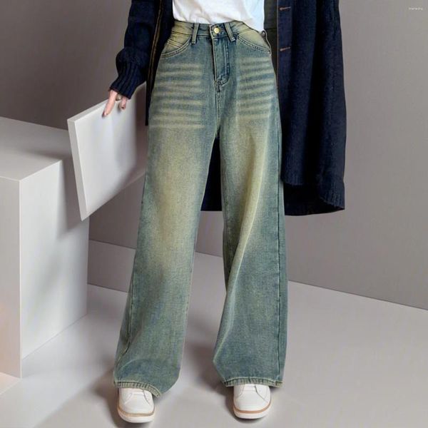 Jeans da donna drappeggiati a gamba dritta da donna foderati in pile più pantaloni in denim a tubo verticale stile casual per vestido da donna raffinata