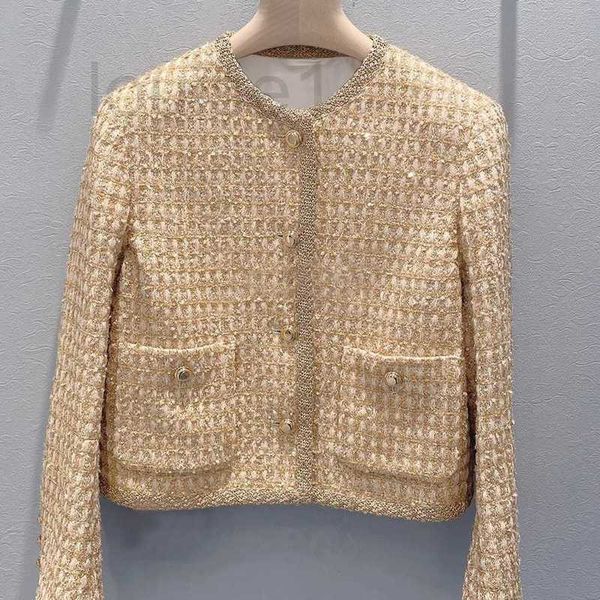 Abito a due pezzi firmato Miu Style Seta lucida color oro Giacca corta in tessuto e patchwork Top slim fit per donna Socialite Design Sense Cardigan in inverno REBC