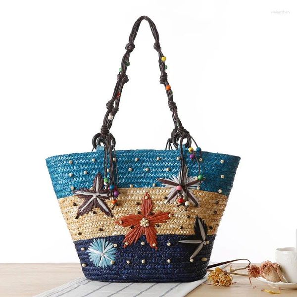 Borse a tracolla Borsa da spiaggia bohémien Ricamata a mano con stelle marine in paglia intrecciata con perline 01-SB-czbzhx