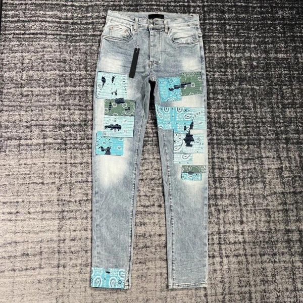Мужские джинсы, евроамериканские модные джинсы AM, нерегулярные джинсовые брюки с цветочным принтом кешью, высококачественные мужские тонкие эластичные брюки-карандаш