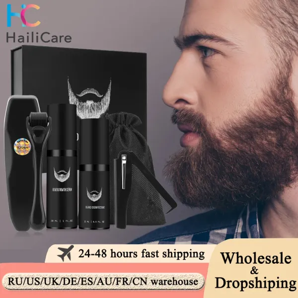 Cura 4 Pz/set Kit per la Crescita della Barba Capelli Del Viso Barba Ispessimento Rapido Nutre Idrata Crescita della Barba Rullo di Massaggio Pettine per Gli Uomini