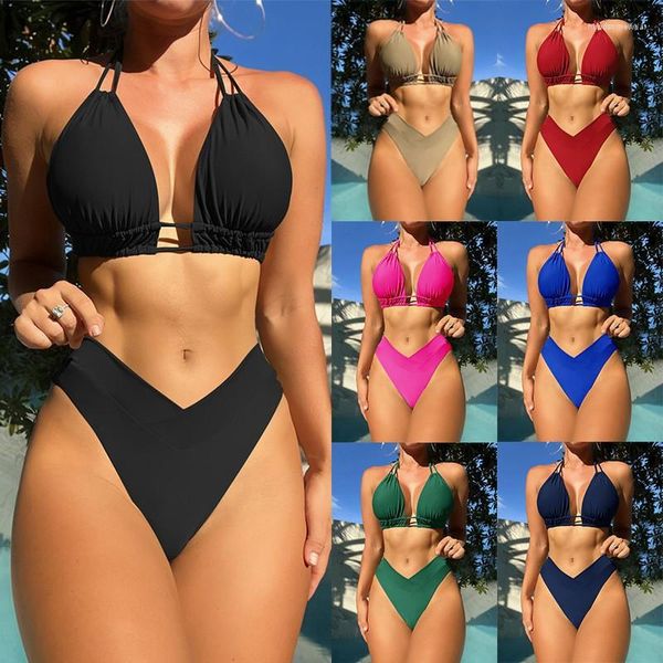 Kadın mayo artı plaj bikini siyah seksi yular push up mayo 2 adet set yaz kadın mayolar