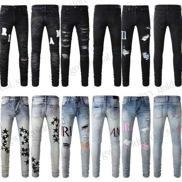 Amirir-Jeans, lila Jeans, Herrenhose, schwarz, schmal, Aufkleber, helle Waschung, zerrissen, Motorrad, Rock, Revival, Jogger, wahre Religionen, Männer, hohe Hose, Amirir, kurz 909