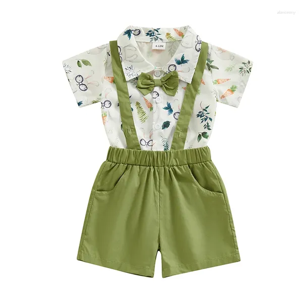 Conjuntos de roupas Páscoa bebê menino cavalheiro outfit lapela pescoço manga curta coelho impressão macacão suspender shorts infantil 2 peça