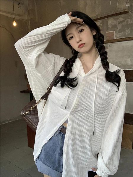 Camicette da donna Coreano Bianco Manica lunga Protezione solare Abbigliamento Estate Grandi dimensioni Monopetto con cappuccio Giacche sottili Top femminili larghi