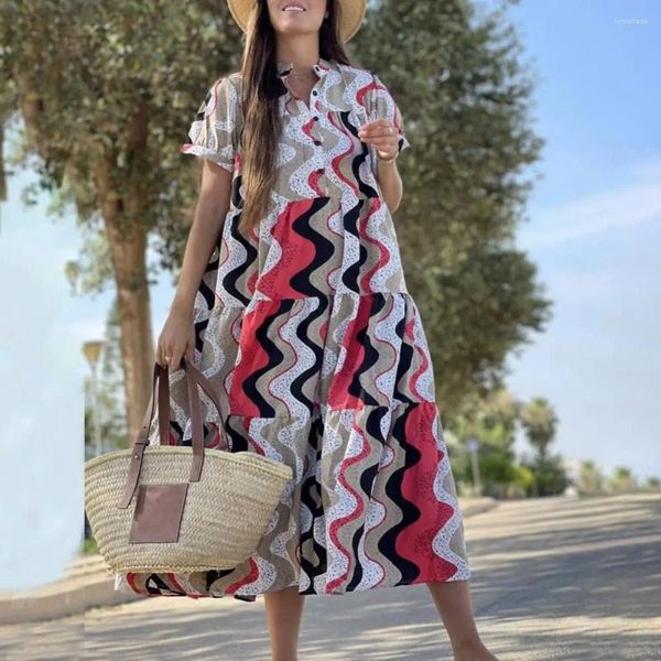 Casual Kleider Frauen Boho Kleid Stehkragen Kurzarm Strand Geometrische Druck Rüschen Nähte Swing Saum Böhmen Hemd