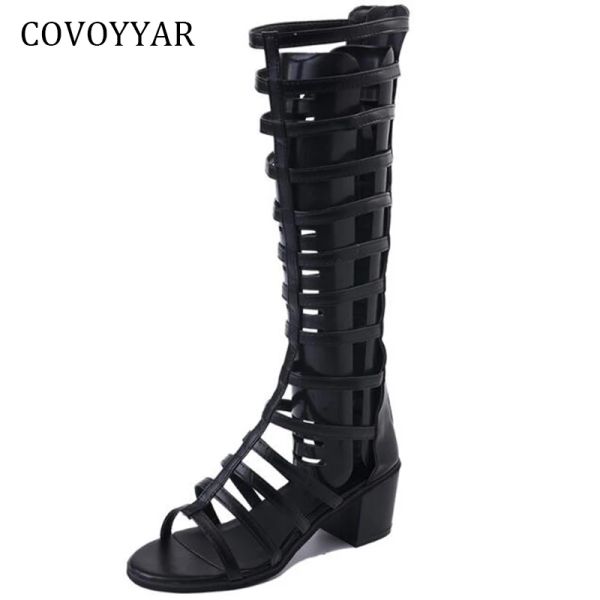Сандалии Covoyyar 2023 Гладиаторские сандалии Женщины летняя квадратная каблука колена высокие ботинки открытые пальцы на спине Zip Woman Black Shoes wss963