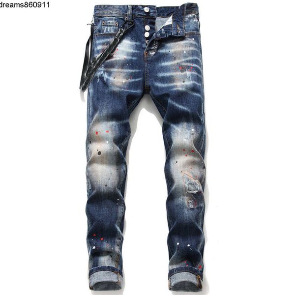 Unique Herren Delessed Ripped Blue Skinny Men Jeans Modedesigner Slim Fit Wäsche Motocycle Denimhose getäfter Biker -Hose {Kategorie}