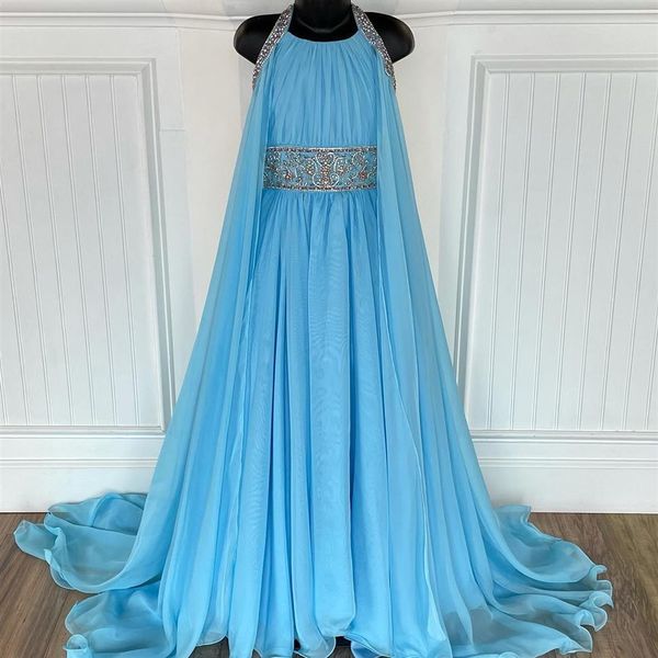 Abiti da spettacolo azzurro cielo per neonati e adolescenti 2021 con mantello ritzee roise A-Line in chiffon lungo per bambina abiti da festa formale cerniera posteriore perline cristalli 297a