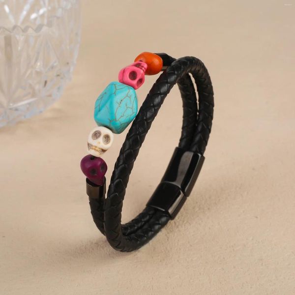 Charm-Armbänder, Vintage-Stil, bunt, türkisfarbener Totenkopf, mehrlagiges Lederseil, Edelstahl, Magnetverschluss, Armband, modische Herrenmanschette