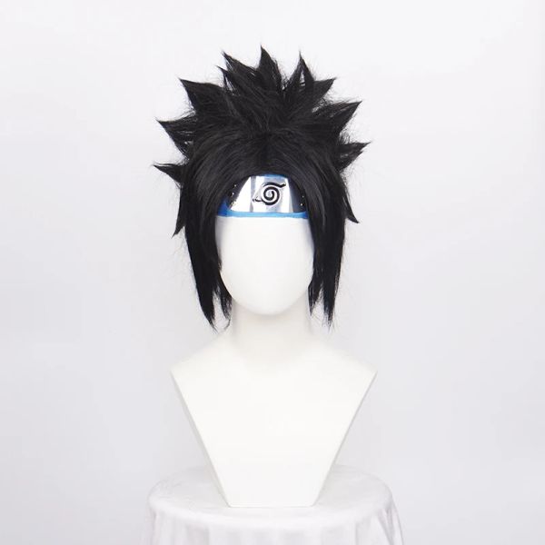 Perücken ccutoo Synthetische schwarze kurze Perücken Uchiha Sasuke Cosplay Perücken für Männer Hitzebeständigkeit mit blauer Kopfbedeckung + Perückenkappe