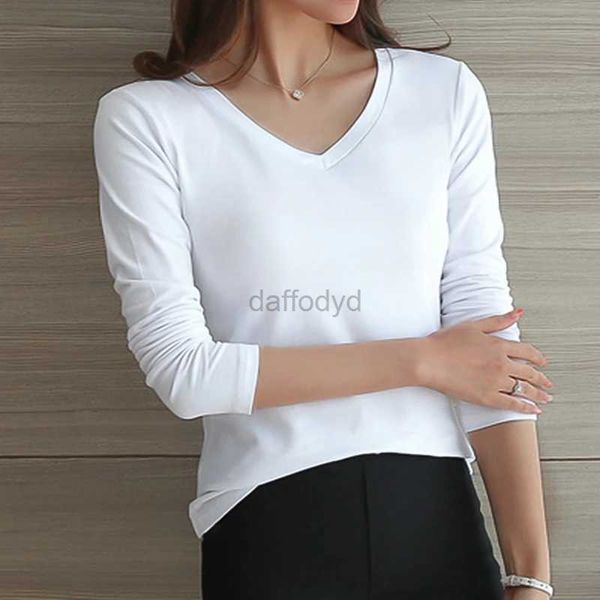 Camiseta feminina Camiseta feminina de manga comprida com fundo redondo ou decote em V camisa preta e branca de cor sólida 240322
