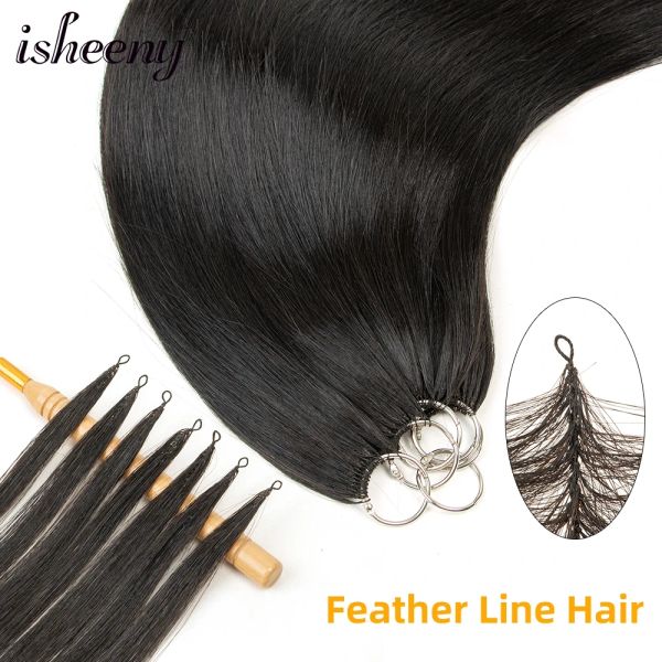 Наращивание Isheeny Feather Line Наращивание человеческих волос 16 дюймов 24 дюйма Волосы с микро петлями 40 прядей Эластичная нить Завязанные волосы Бесшовное ручное вязание