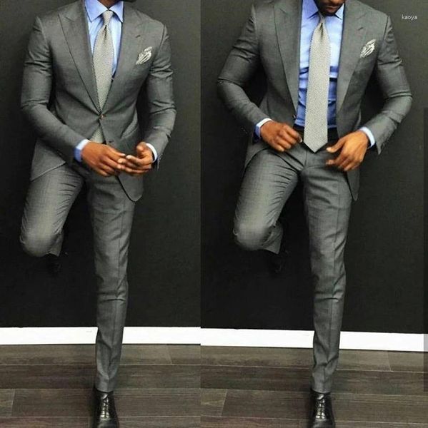 Erkekler Takım Kostüm Homme Grey Düğün Erkekler İnce 2 Parçası Damat Smokin Partisi Blazer Ceket Pantolon Tasarım Son Terzi Yapımı