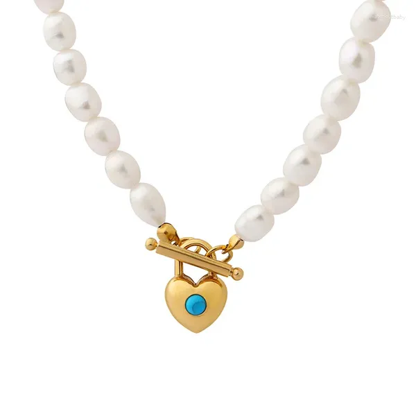 Collane con ciondolo Gioielli da donna di lusso Fibbia OT Collana di perle artificiali Amore intarsiato turchese Impermeabile a forma di cuore