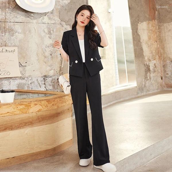 Calças femininas de duas peças verão mulheres pant ternos preto blazer manga curta jaqueta conjunto escritório senhoras trabalho uniforme magro ol estilo