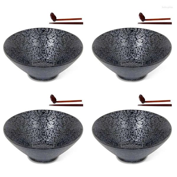 Tigelas 4x Cerâmica Japonesa Ramen Sopa Tigela com Colher e Pauzinhos Adequados para Udon Soba Tamanho Grande